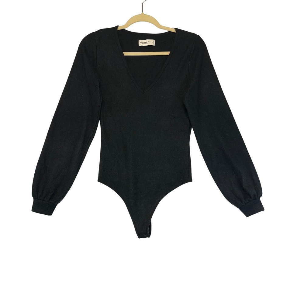 Abercrombie Fitch Black Long Puff Sleeve V Neck Bodysuit Cozy Staple Soft M